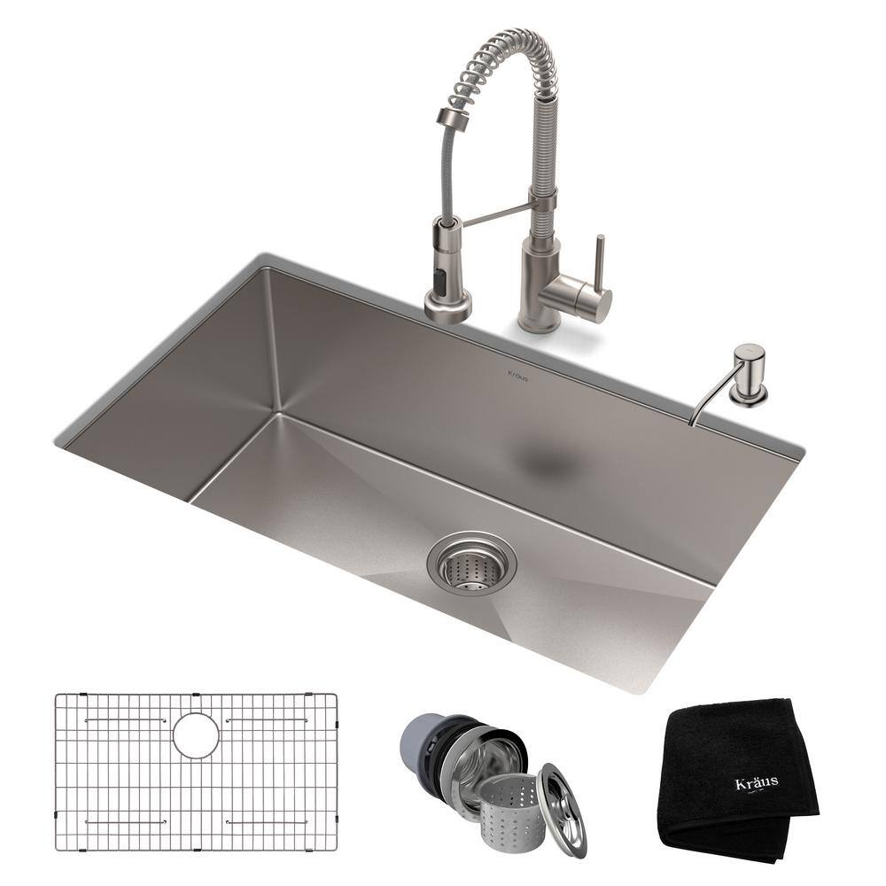 KRAUS Standart PRO All-in-One Undermount Stainless Steel 30 in. Single Bowl Kitchen Sink with Faucet in Stainless Steel KHU100-30-1610-53SS