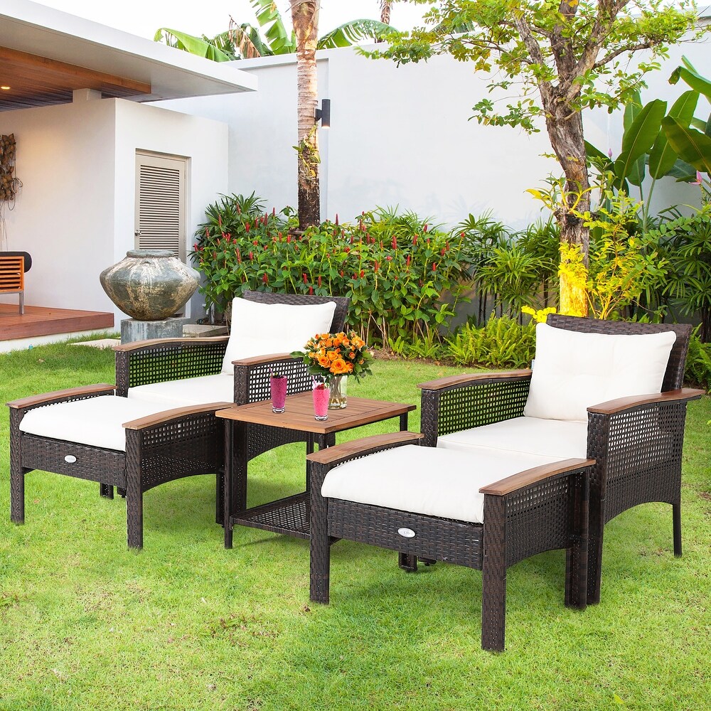 5PCS Patio Rattan Furniture Set Acacia Wood Table Armrest Cushion Yard