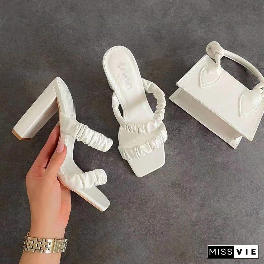 021 Khaki Sexy Mules Shoes Women Square Heel Slippers Women Summer High Heels Square Toe Sandals Slides Ladies Shoes White Black