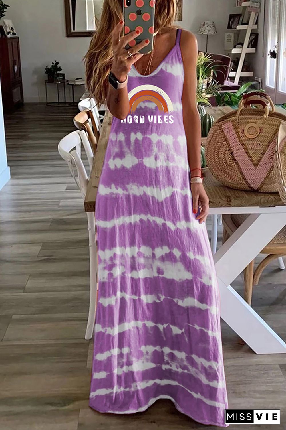 GOOD VIBES Rainbow Print Tie Dye Loose Sling Dress