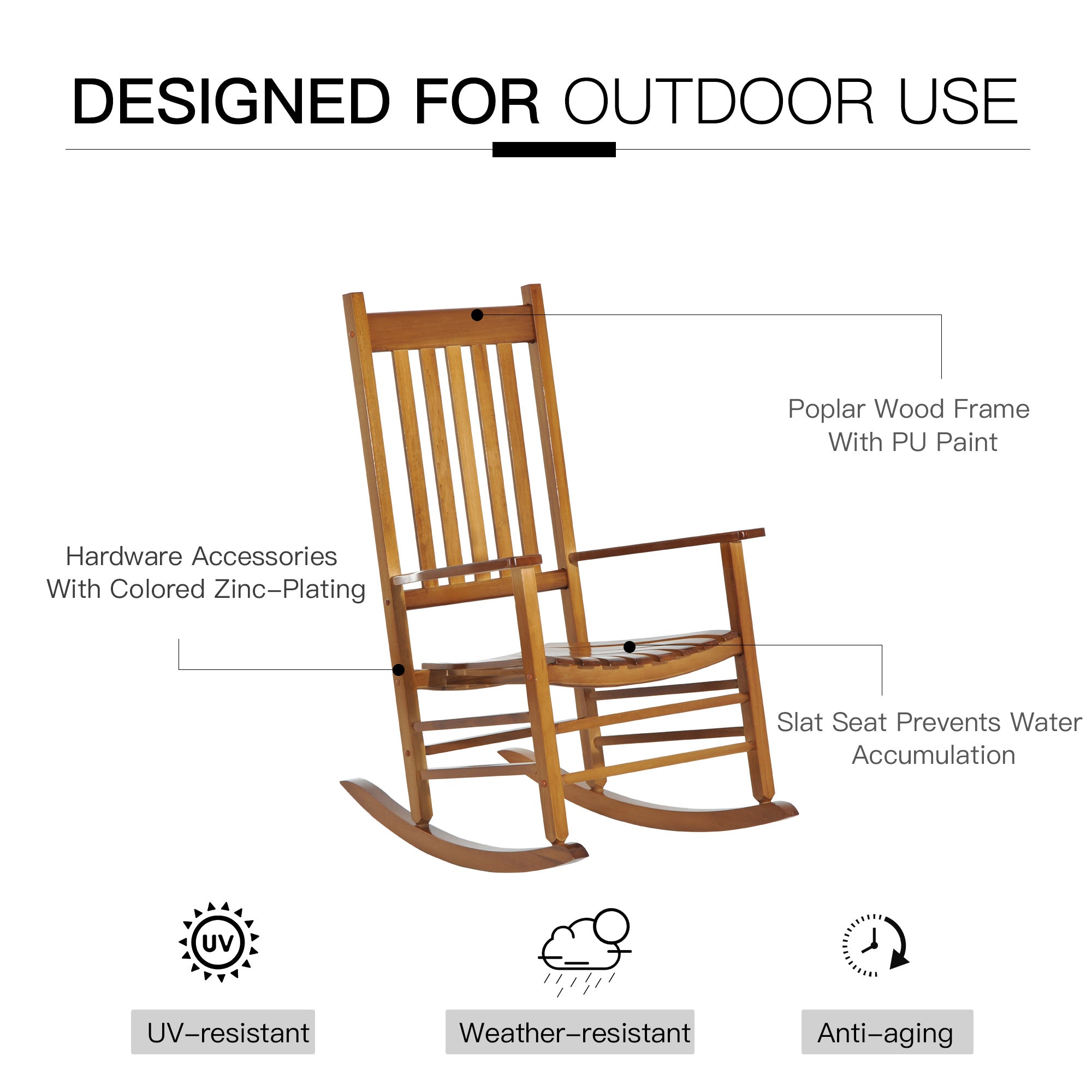 Outsunny Outdoor Rocking Chair, Wooden Rustic High Back All Weather Rocker, Slatted for Indoor, Backyard & Patio, Natural