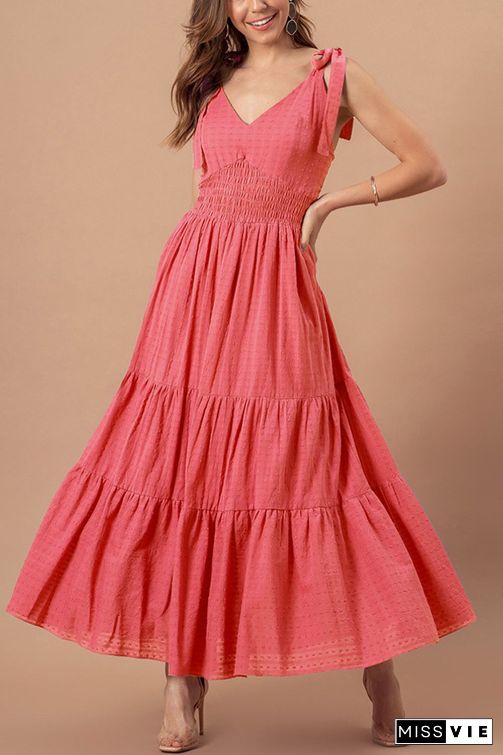 Solid Color Slim Waist Jacquard Maxi Dress Wholesale