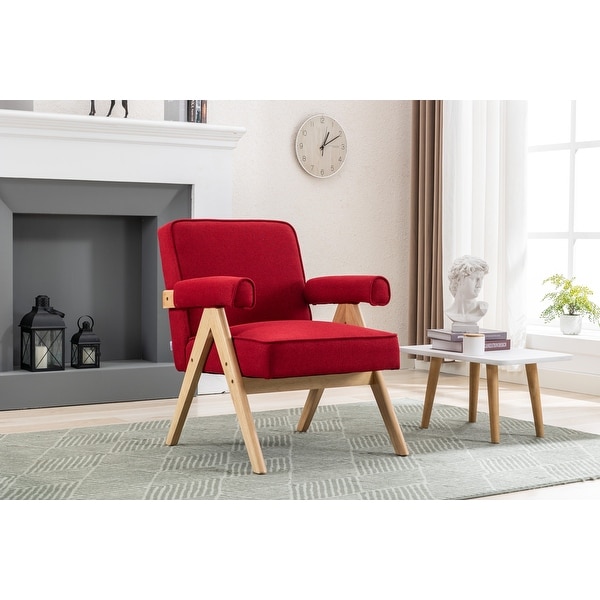 Leisure Armchairs with Solid Wood Armrest and Feet， Mid-Century Modern Accent Chair， for Livingroom Bedroom Chair， Red