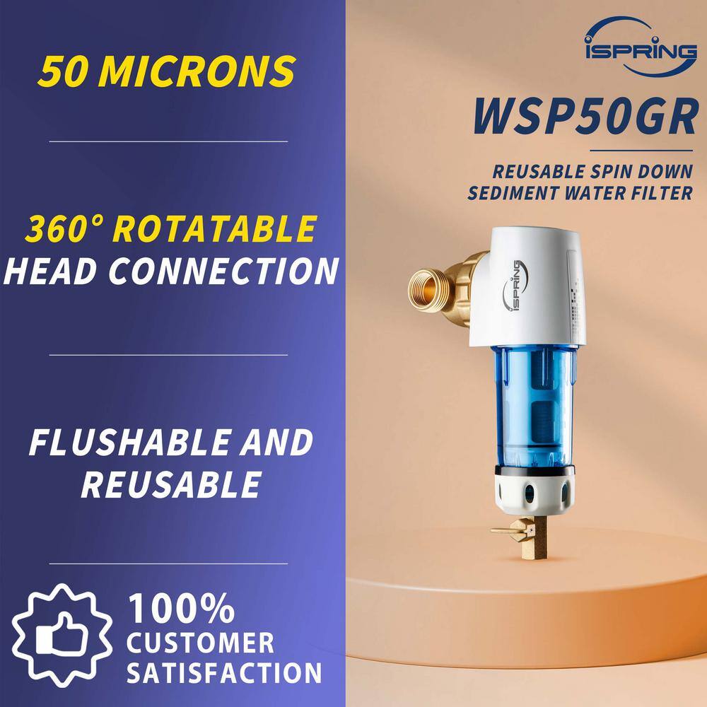 ISPRING Reusable Spin Down Sediment Water Filter 50 Micron with Scraper and 360 Head WSP50GR