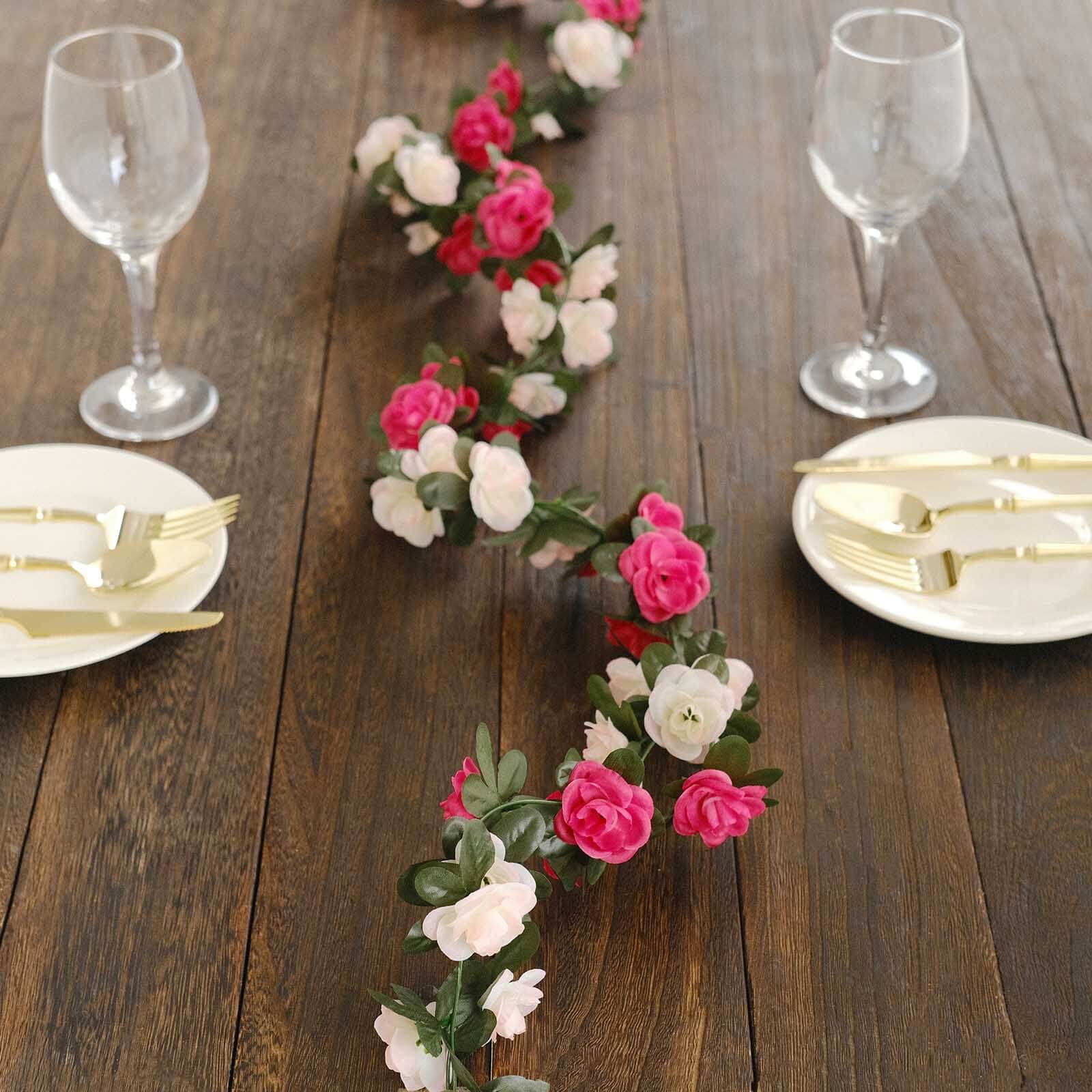 2 Pack Blush Fuchsia Artificial Silk Mini Rose Vines Hanging Flower Garland with 45 Flower Heads - 8ft