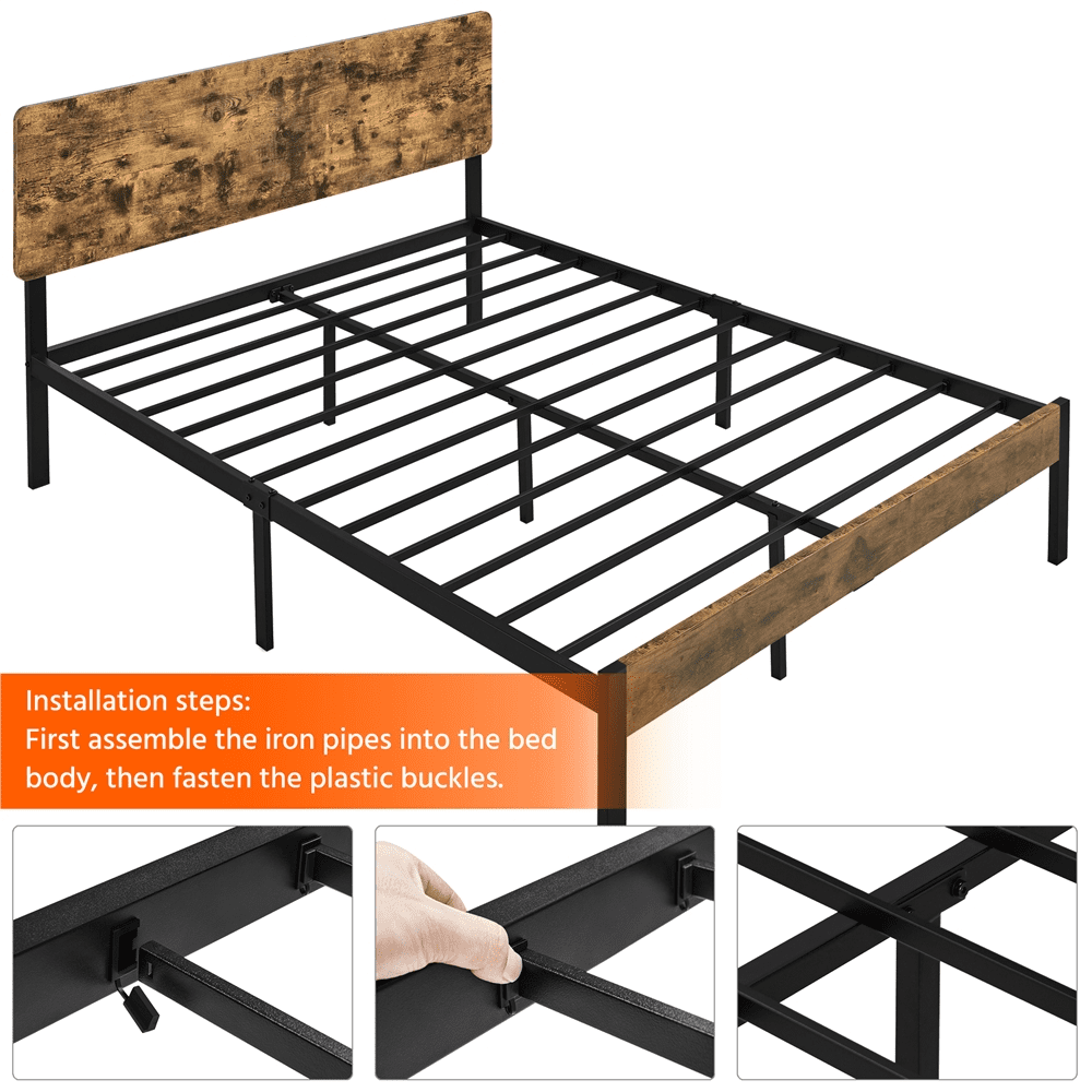 Easyfashion Metal Bed Frame with Wooden Headboard, Rustic Brown, Queen