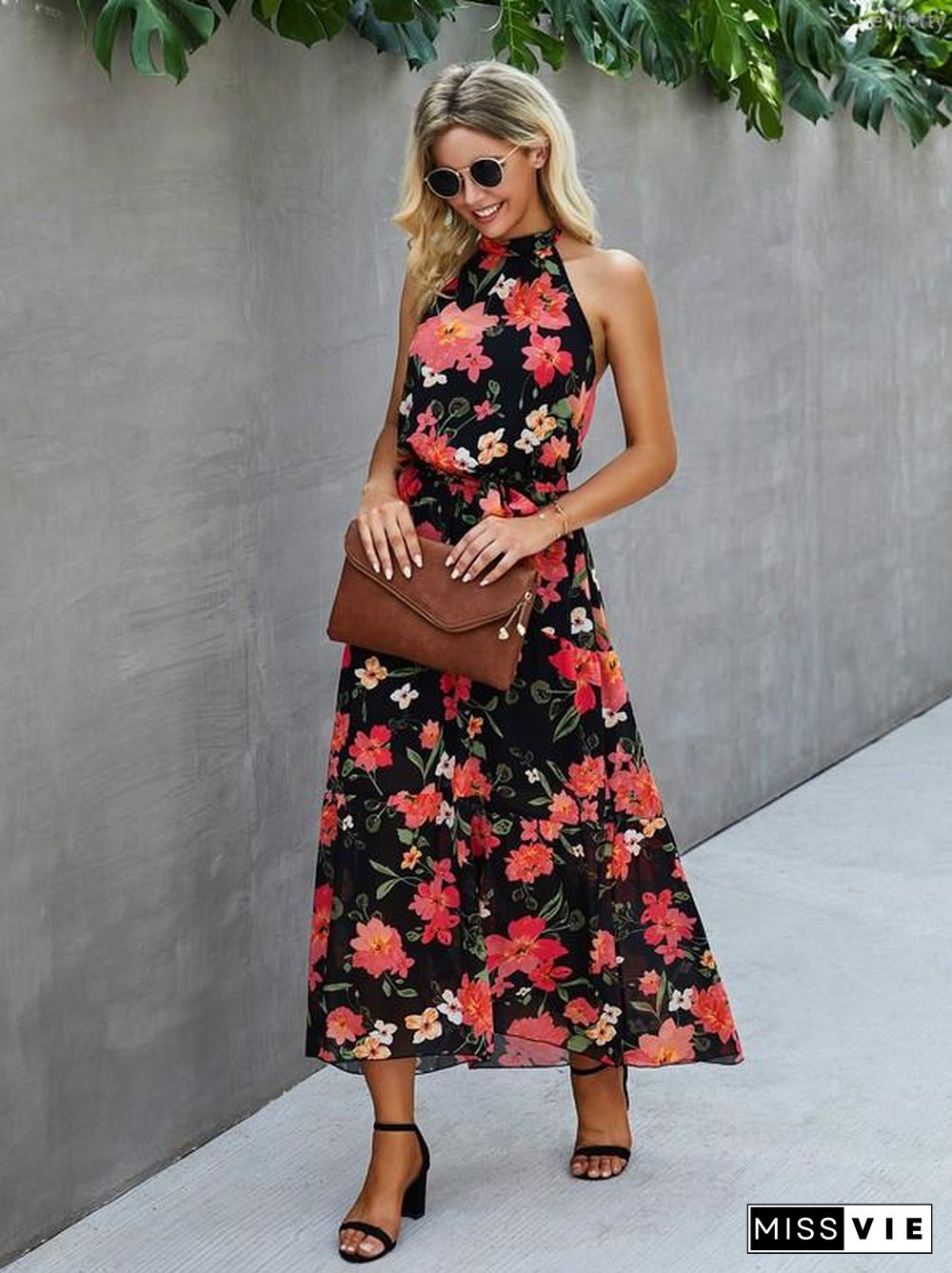 Sleeveless Backless Halter Neck Floral Maxi Dress