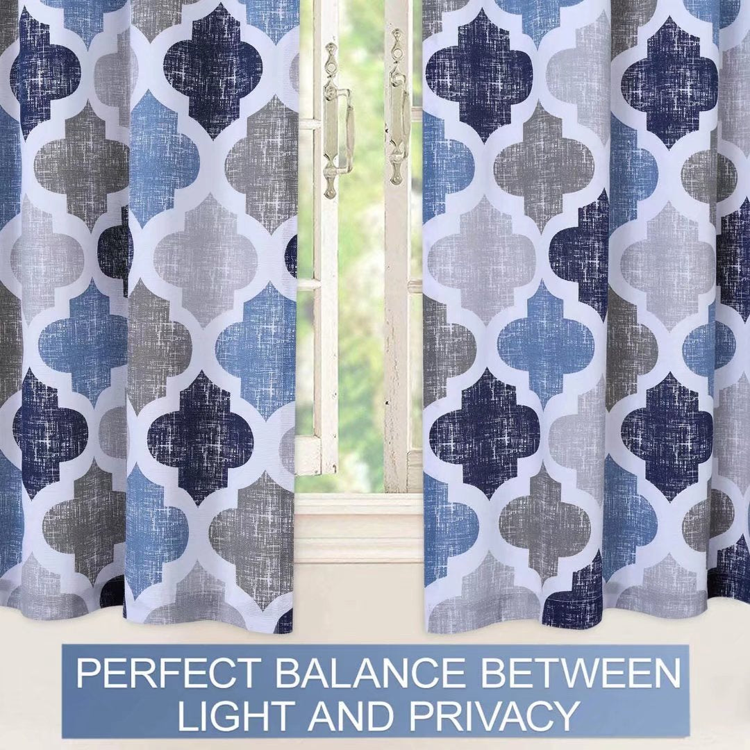 GlowSol 28W x 36L Tier Curtains for Kitchen Moroccan Tile Pattern Short Window Curtains Cotton Blend Blackout Cafe Curtains for Bathroom， Navy Blue Gray， Set of 2