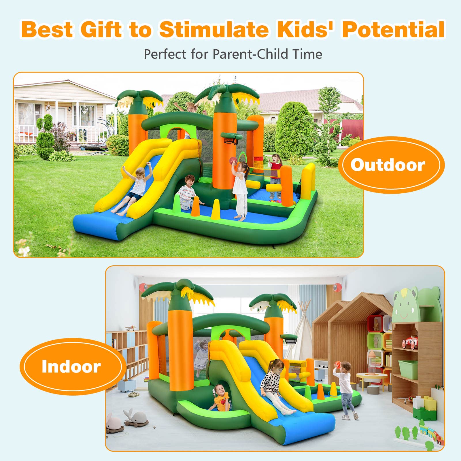 BOUNTECH Inflatable Bounce House, Big Bouncy House for Toddler Kids 5-12 Indoor Outdoor Party Fun w/Slide, Football/Volleyball