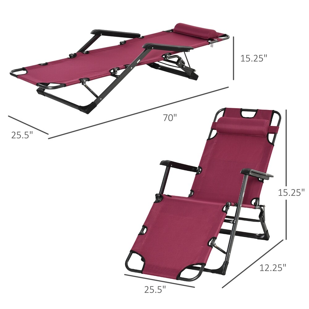 Outsunny 2 in 1 Patio Lounge Chair w/ Pillow  Outdoor Folding Sun Lounger Reclining to 120°/180°  Oxford Fabric