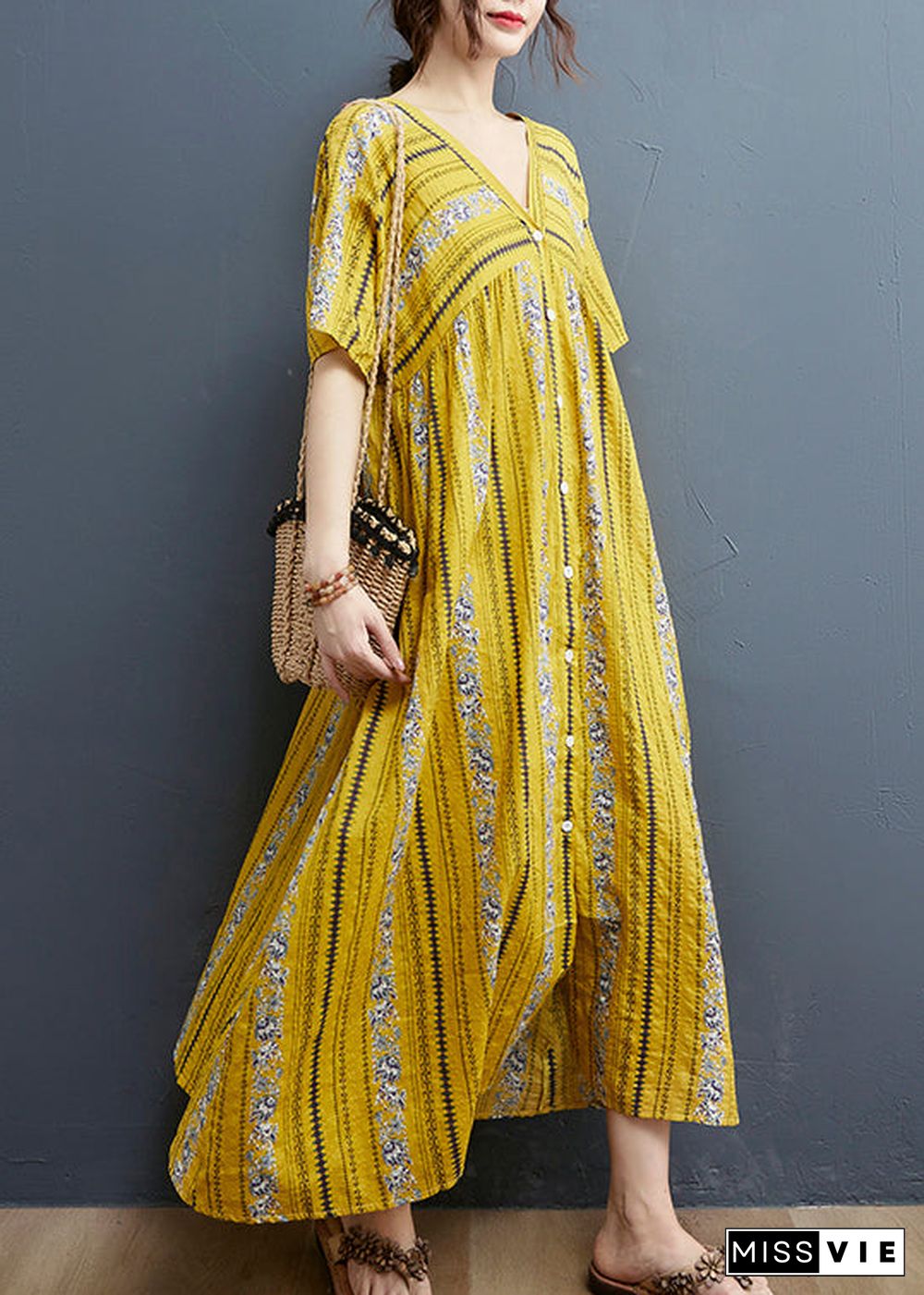 Yellow Print Cotton Maxi Dresses Short Sleeve