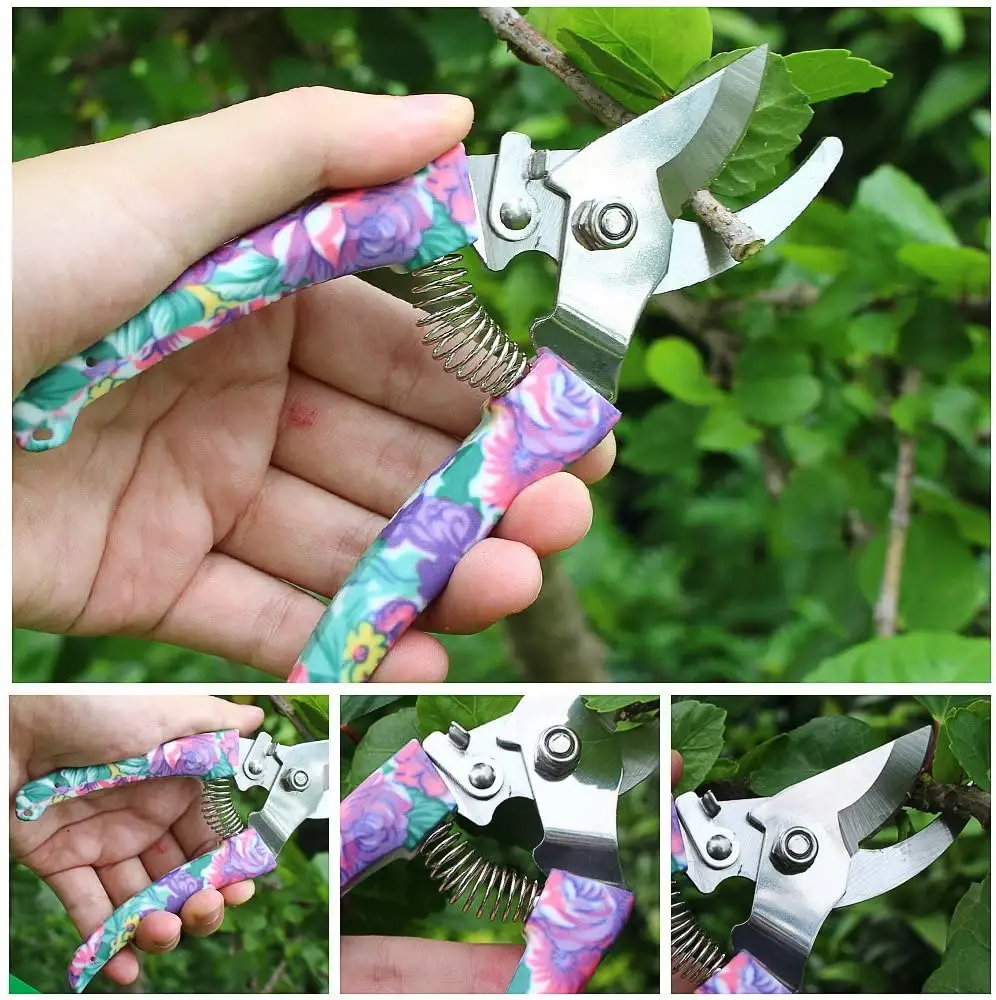 Gardening Tools with Purple Floral Print  Handle Trowel Rake Weeder Pruner Shears Sprayer  Garden Hand Tool Set