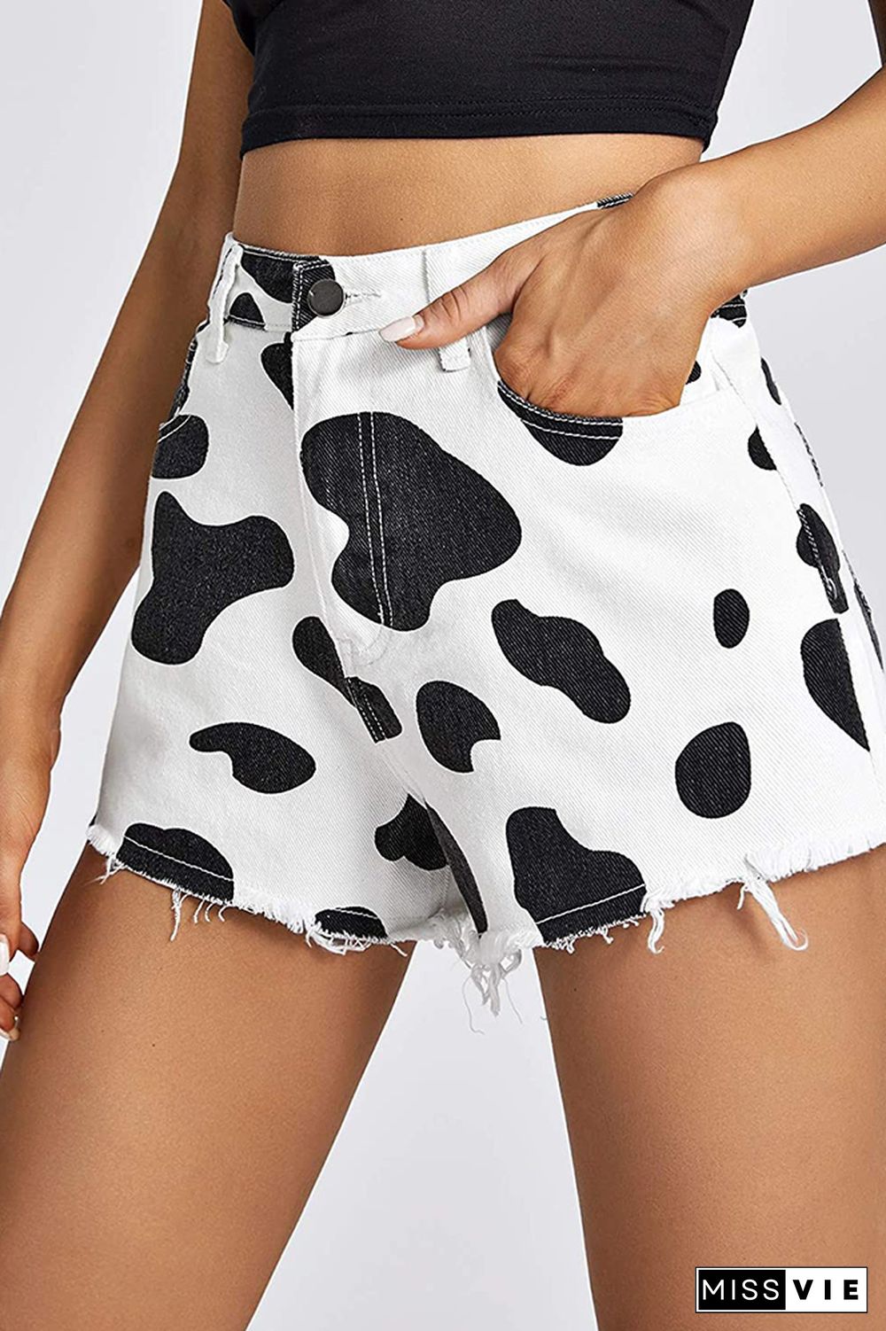 Cow Print High Waist Denim Shorts