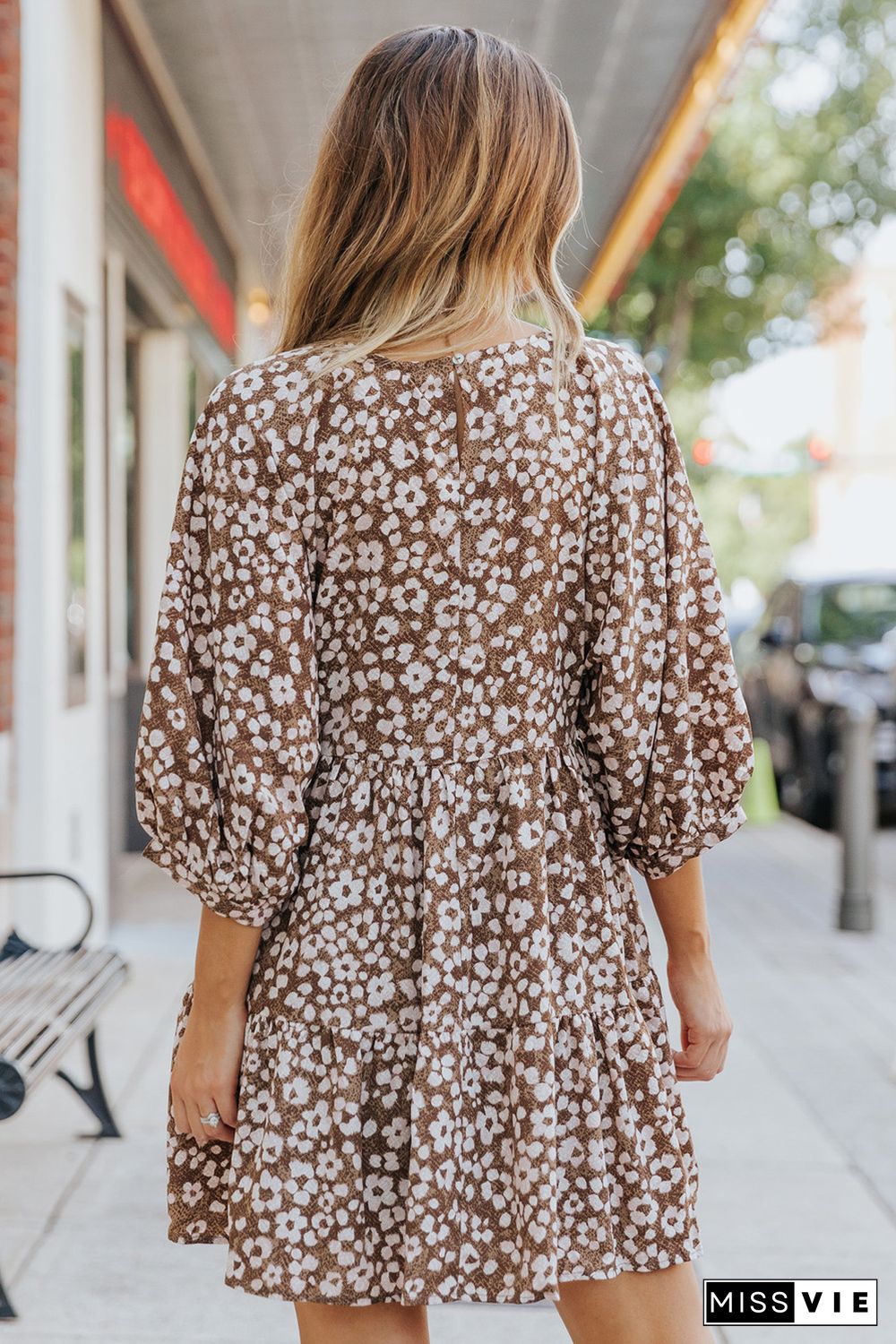 Brown V Neck Daisy Print Empire Waist Mini Dress