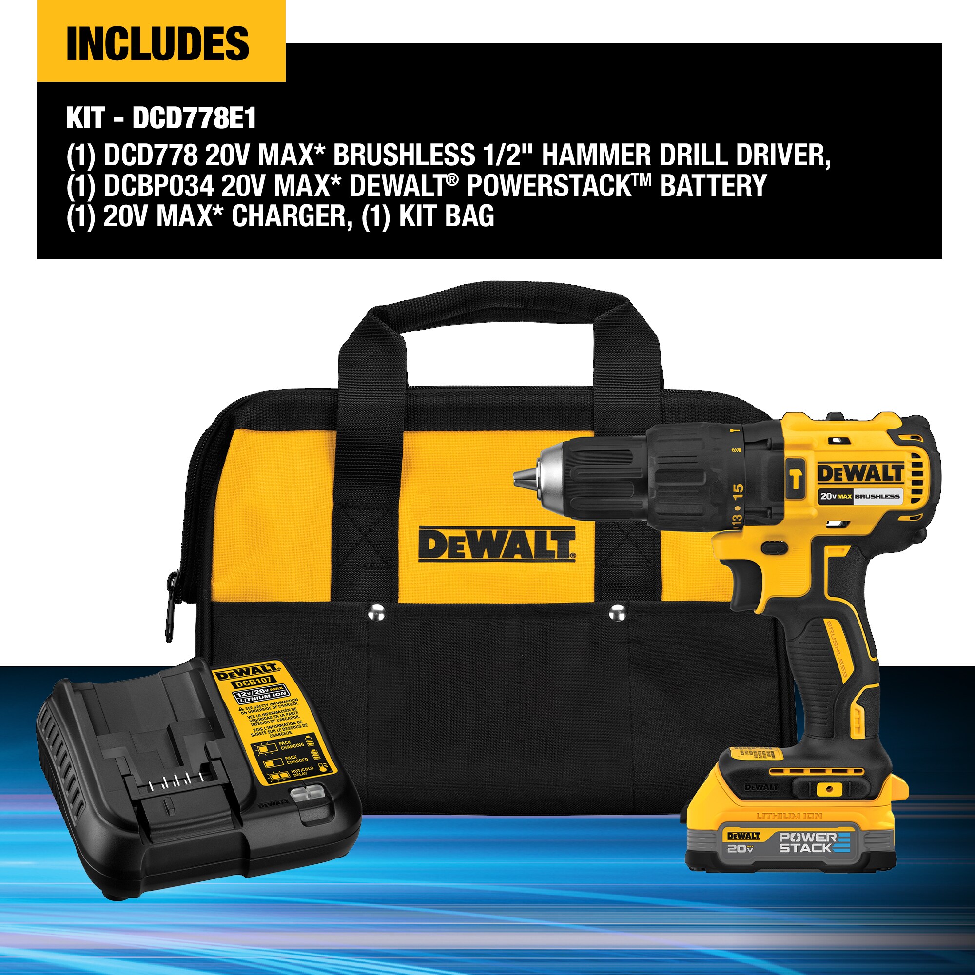 DEWALT DCD778E1 1/2-in 20-volt Max 1.7-Amp Variable Brushless Cordless Hammer Drill (1-Battery Included)