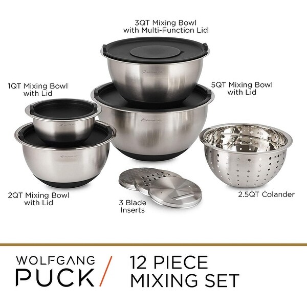 Wolfgang Puck 12-Piece Stainless Steel Mixing Bowl Set， Silicone Grip Bottom， Multifunction Lid with 3 Interchangeable Blades