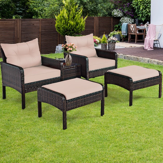 Tangkula 5 piece Patio Rattan Conversation Set Cushioned Sofas And Ottoman Set With Table