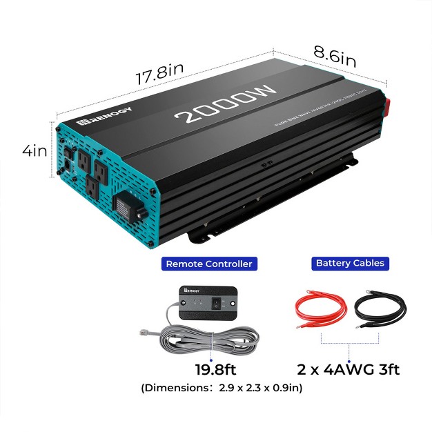 Renogy 2000w 12v Pure Sine Wave Solar Power Inverter With Usb Port Cables And Remote Control For Home Rv Cabin Or Off grid Location