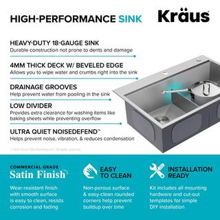 KRAUS Loften 33 in. Drop-inUndermount Double Bowl Stainless Steel Kitchen Workstation Sink with Accessories KWT302-3318