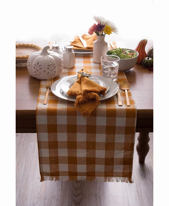 Design Imports Pumpkin Spice Heavyweight Check Fringed Table Runner 14 X 108