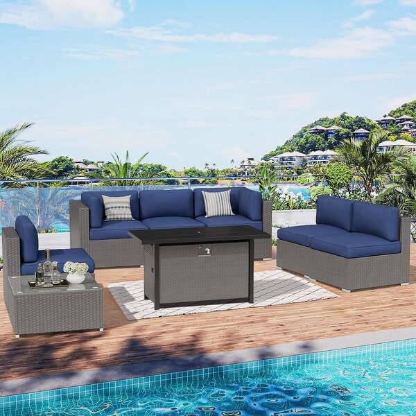 8Piece Outdoor Patio Furniture Grey Wicker Sectional Sofa Set with Fire Pit Table