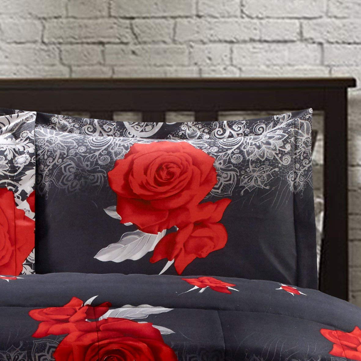 HIG 3D 3 Piece Red And White Rose Reactive Printed Comforter Set，Queen