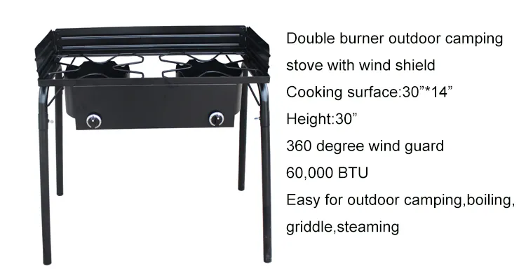 High Pressure Portable Outdoor Cast Iron Double Burner Propane Gas Burner Camping Cooker  Two Stove