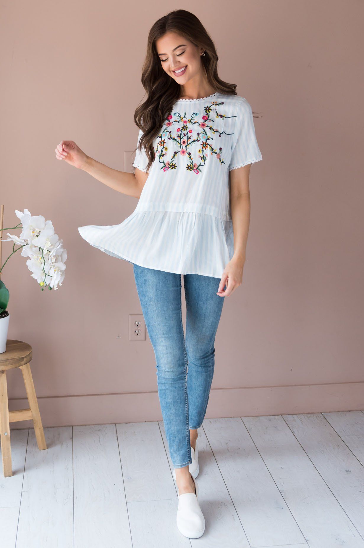 Stylish Stripes Modest Embroidered Blouse