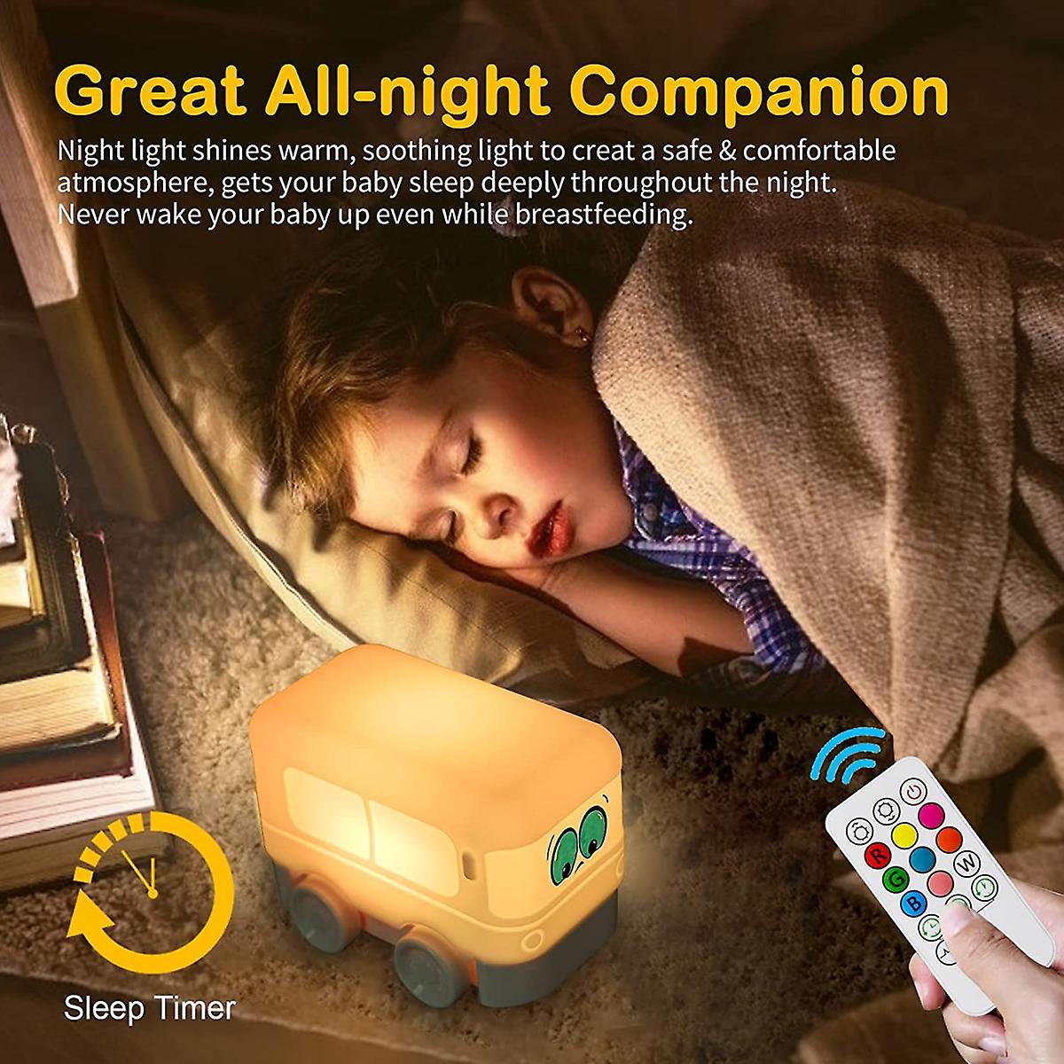 Bus Kids Lamp For Bedroom， 9 Colour Changing Baby Night Light， Silicone Night Light Lamp，usb Rechargeable Lamp Kids Light Bedroom Decor