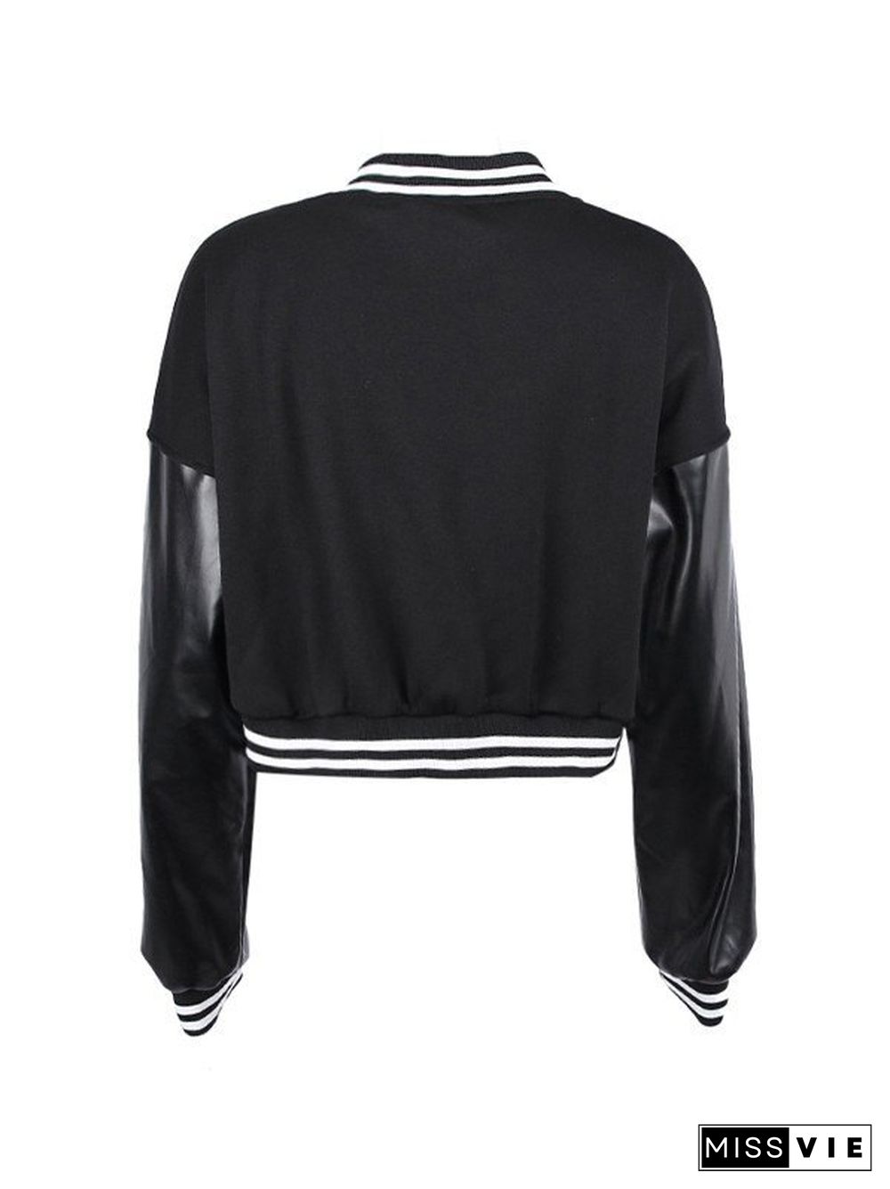 Embroidery Pu Leather Paneled Cropped Varsity Jacket