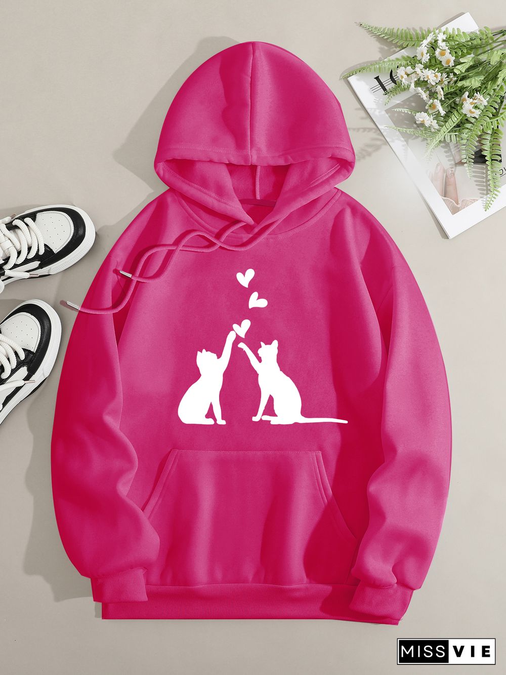 Printed on front Kangaroo Pocket Hoodie Long Sleeve for Women Pattern Cats high five