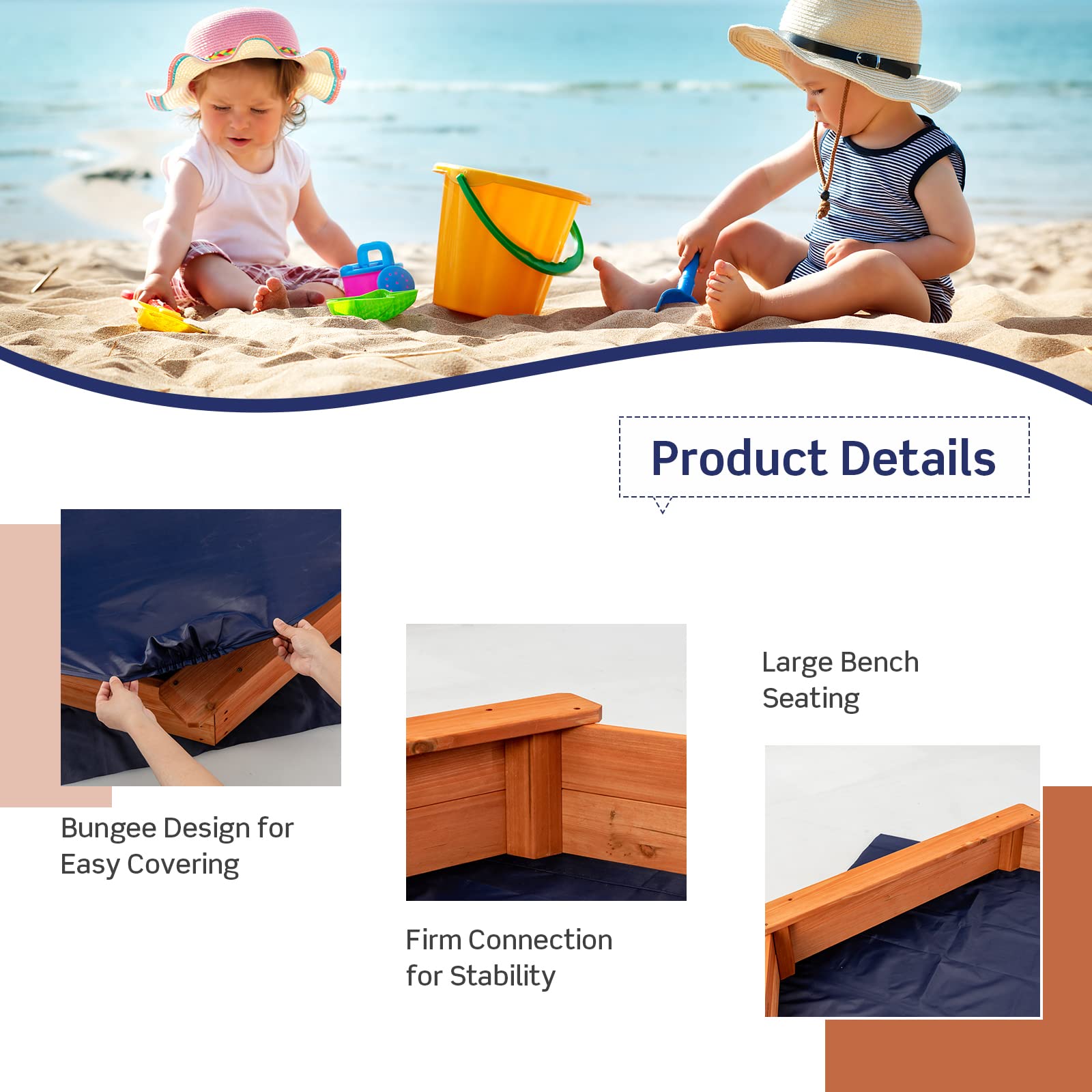 Costzon Wooden Sandbox with Seat Boards, Oxford Cover,Ground Liner, 73