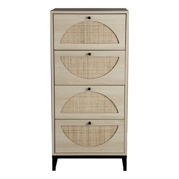 Natural Wood Rattan 4-Drawer Narrow Storage Cabinet Chest Dresser - - 36862266