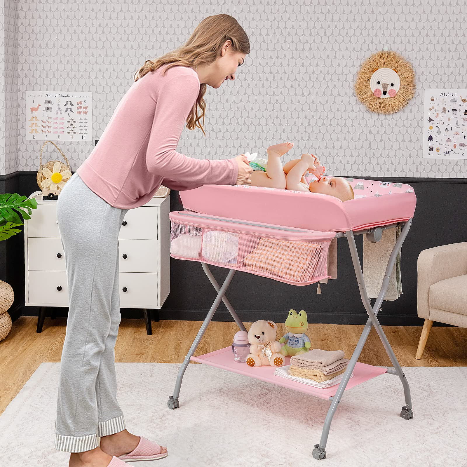 Costzon Portable Changing Table, Mobile Baby Changing Table with Wheels, Safety Belt, Large Storage Basket