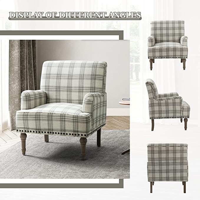 Geltrude Farmhouse Vintage Plaid Accent Armchair with Nailhead Trim by HULALA HOME