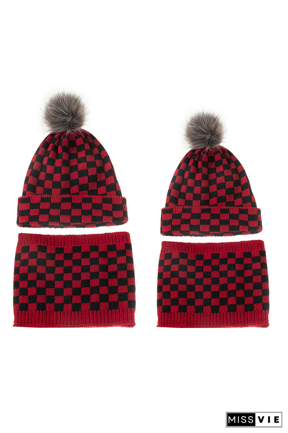 Black White Red Plaid Parent-child Knitted Hat & Scarf 4pcs Set Wholesale MOQ3pcs