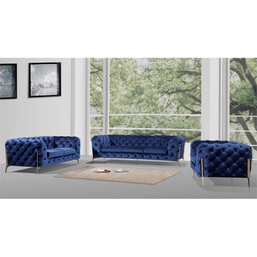 Divani Casa Quincey Transitional Velvet Fabric Upholstered Sofa Set in Blue   Midcentury   Living Room Furniture Sets   by Homesquare  Houzz