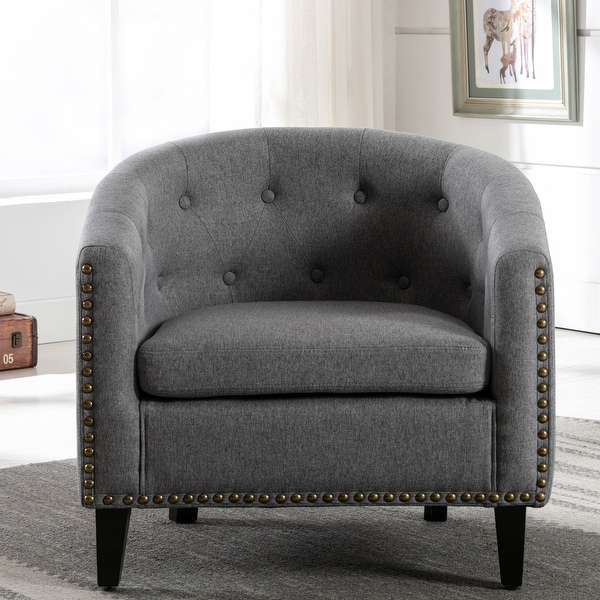 Modern Living Room Accent Chair Barrel Chair Upholstered Linen Fabric Club Sofa Button Tufted Armchair Tub Rivet Lounge Chair