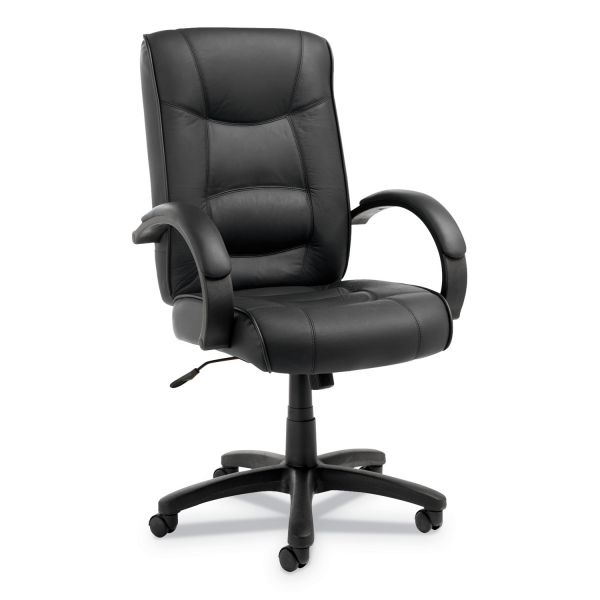 Alera Strada Series High-Back Swivel/Tilt Top-Grain Leather Chair， Supports up to 250 lbs.， Black Seat/Black Back， Black Base