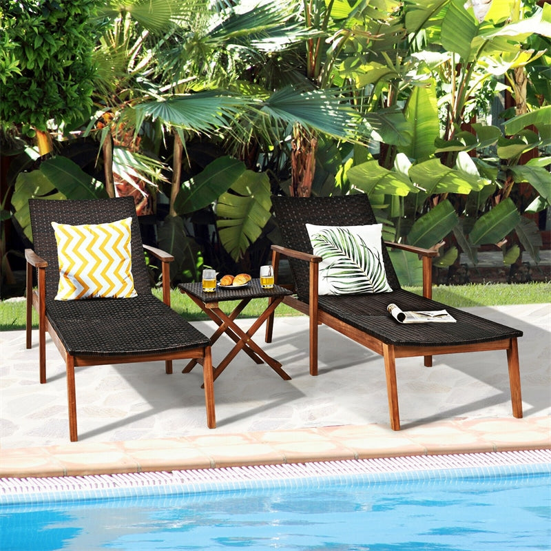 Acacia Wood & Rattan Patio Beach Outdoor Chaise Lounge Chairs Pool Sun Lounger Set with Folding Side Table