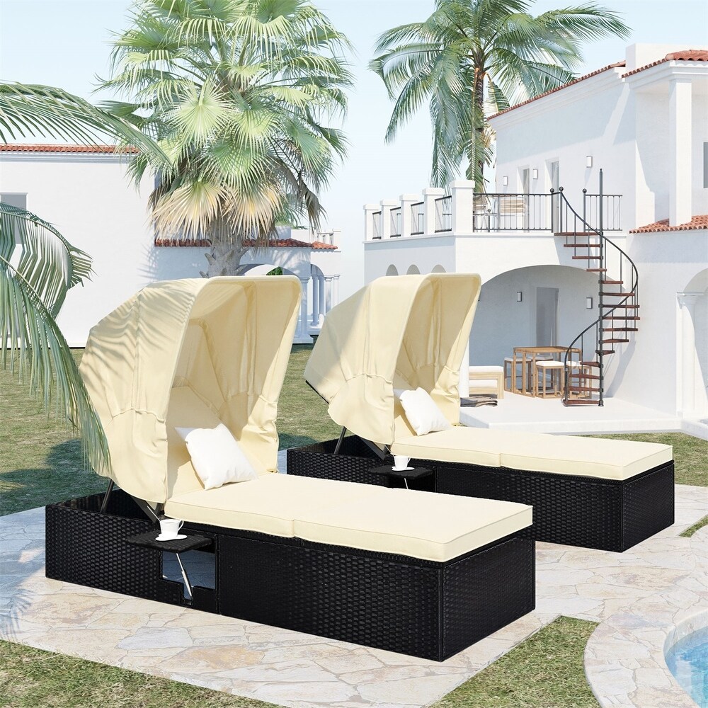 Leisure Zone Reclining Single Chaise Lounge with Canopy and Cup Table(Set of 2)