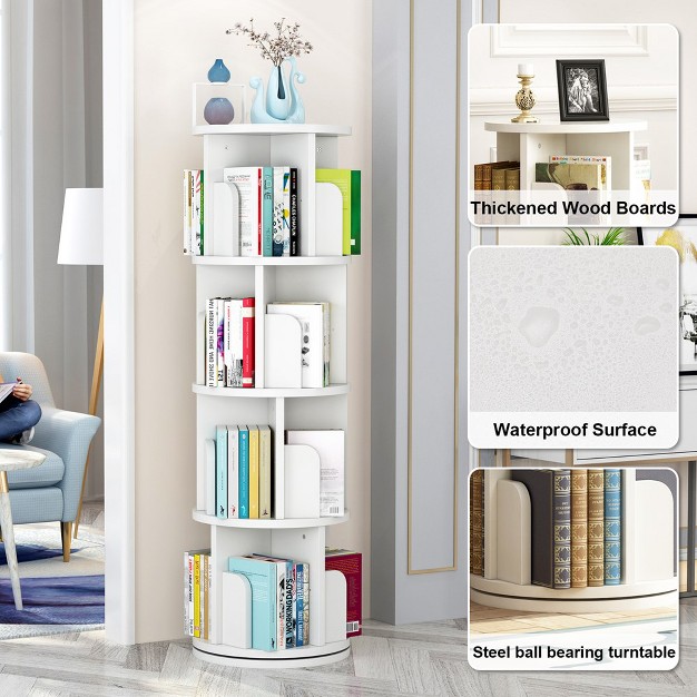 Trinity Rotating Bookshelf 4 Tier Floor Standing Small Corner Bookshelf 360 Display Wood Bookcase Storage Rack White