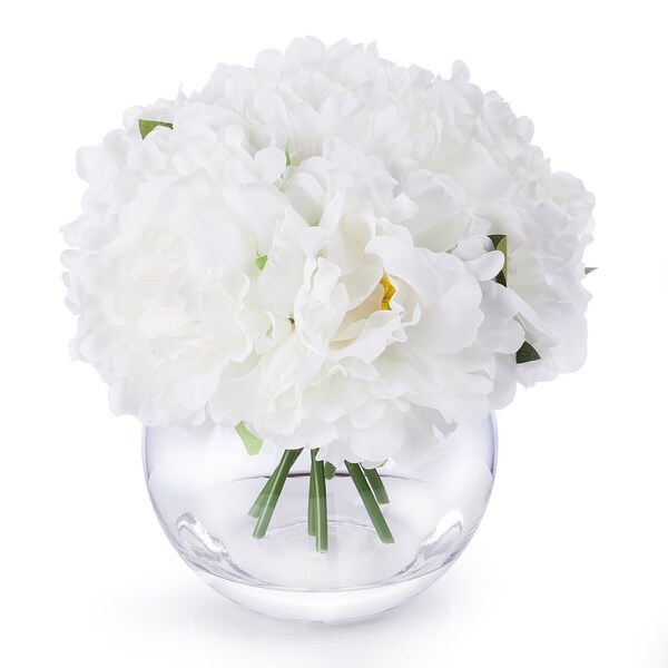 Enova Home White Artificial Silk Peony Fake Flowers Arrangement in Clear Glass Vase with Faux Water for Home Decoration