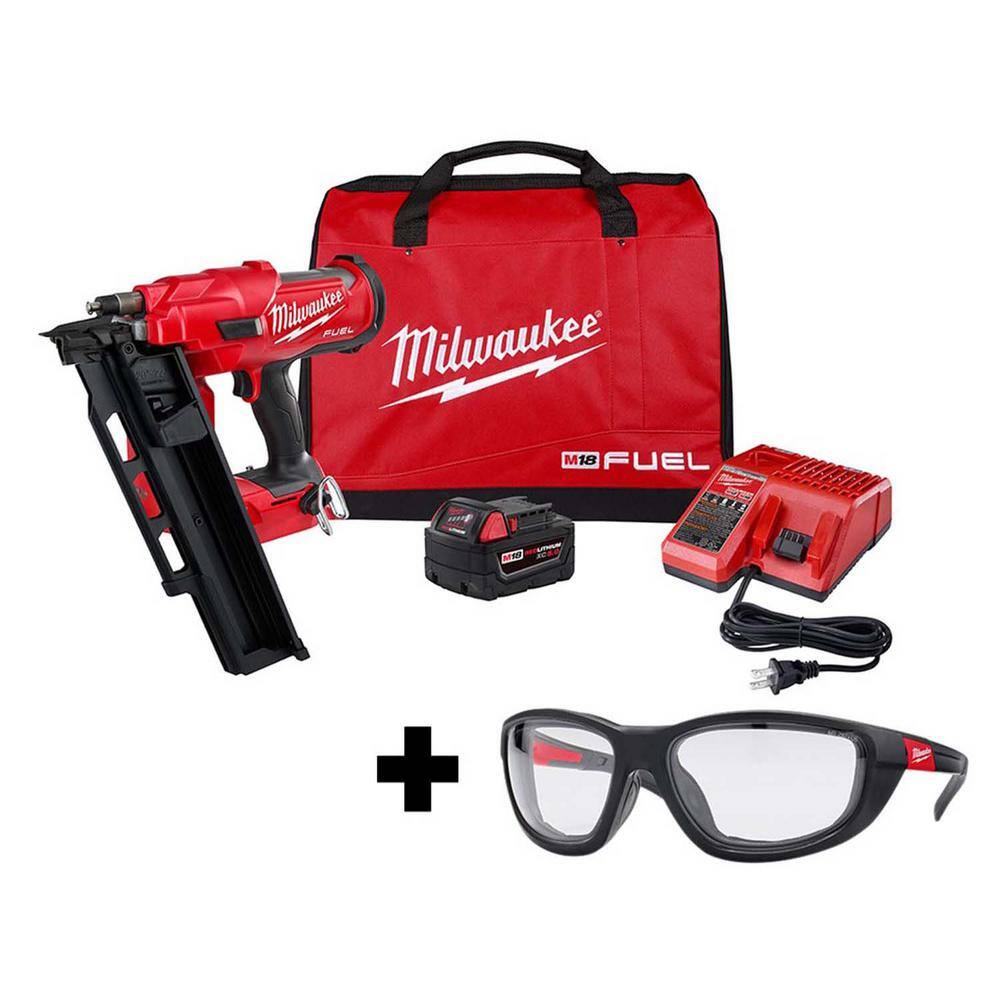 MW M18 FUEL 3-12 in. 18-Volt 21-Degree Lithium-Ion Brushless Framing Nailer Kit and Performance Safety Glasses with Gasket 2744-21-48-73-2040