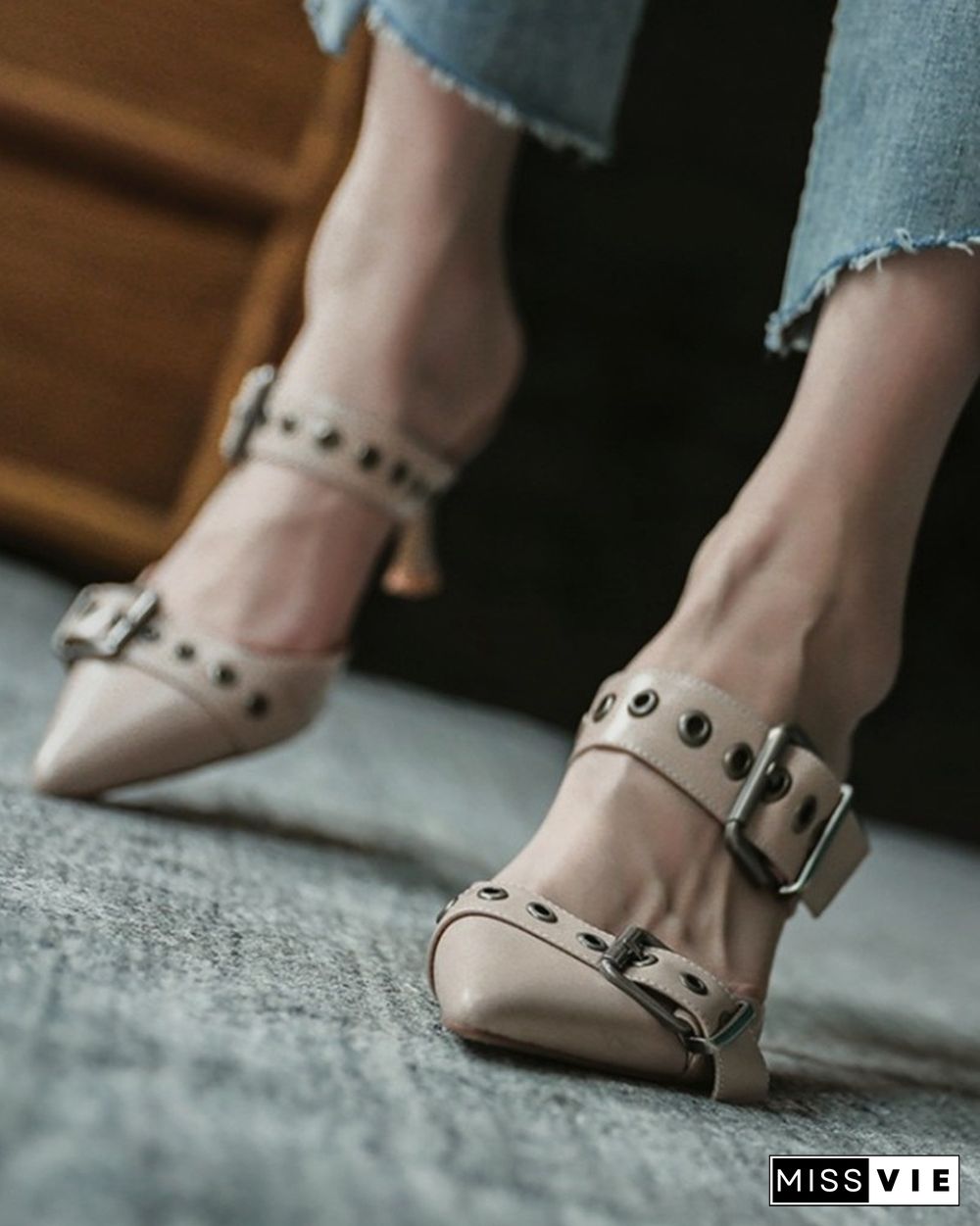 Solid Double Bandage Studded Eyelet High Heel Sandals