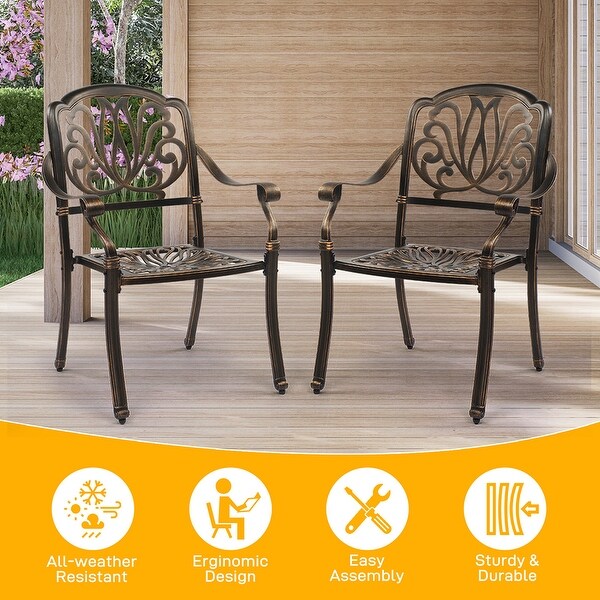 Set of 2 Cast Aluminum Patio Stackable Dining Chairs with Cushions