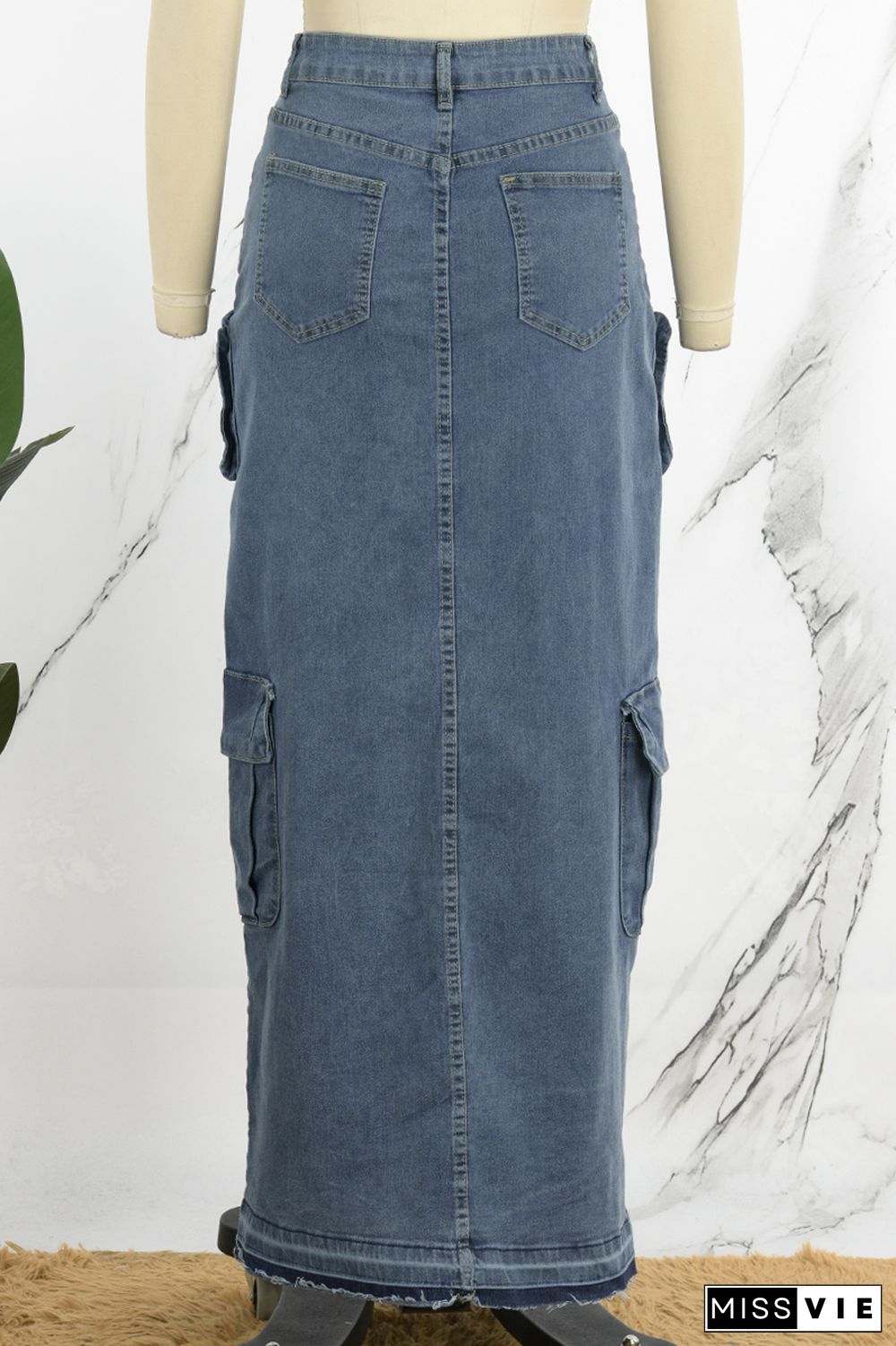 Deep Blue Casual Solid Patchwork Slit High Waist Regular Denim Skirts