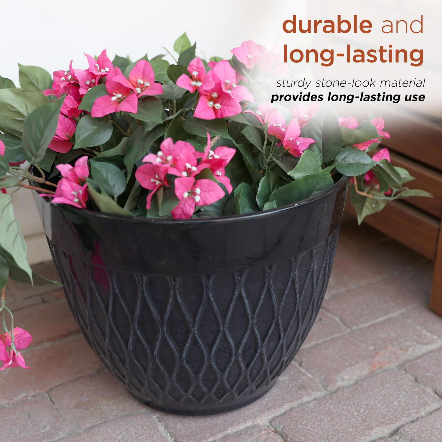 Alpine Corporation 15  x 12  StoneLook Planters with Drainage Holes Black Set of 2  Crowdfused