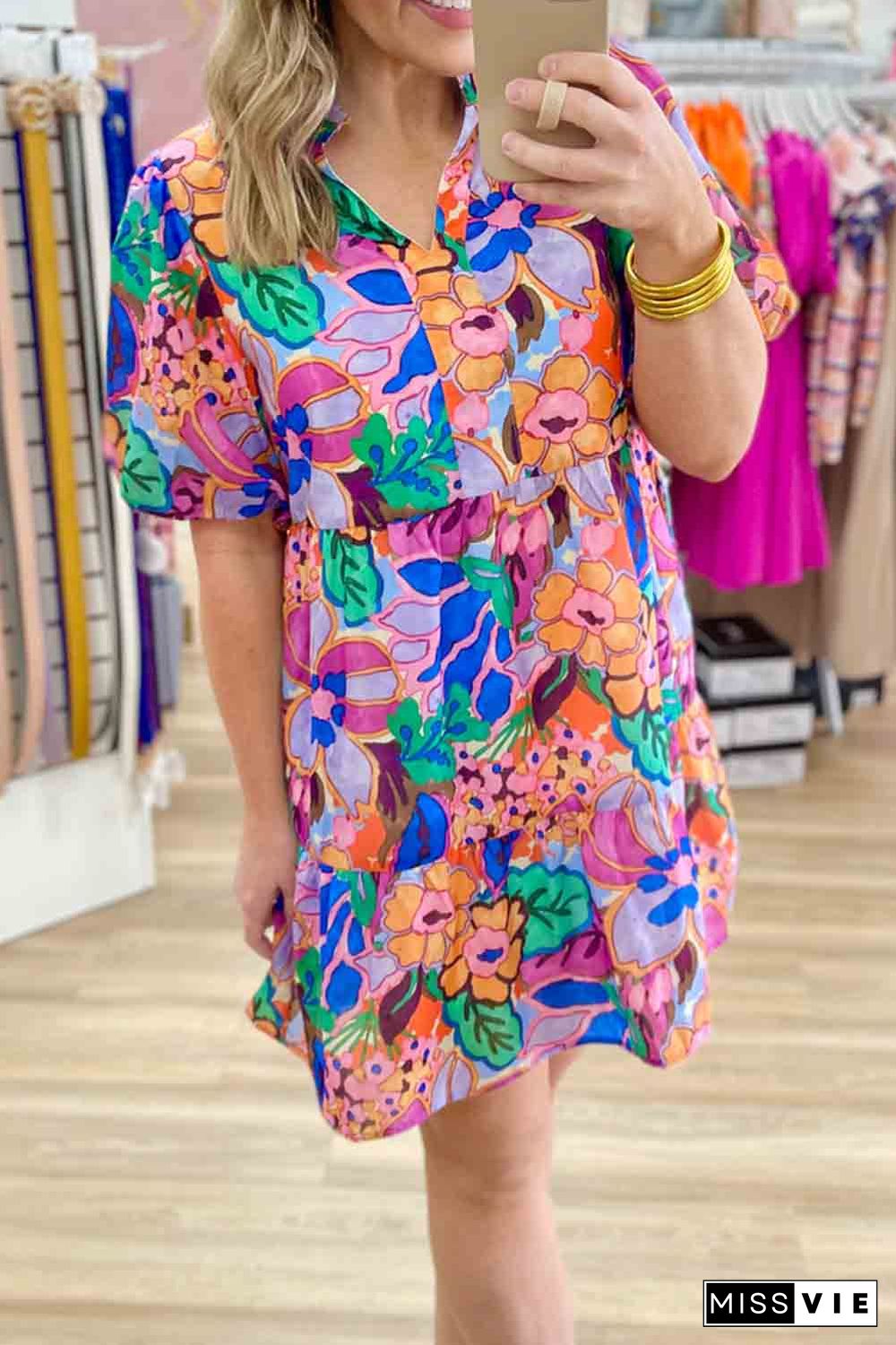 Multicolor Floral Print V Neck Puff Sleeve Mini Dress