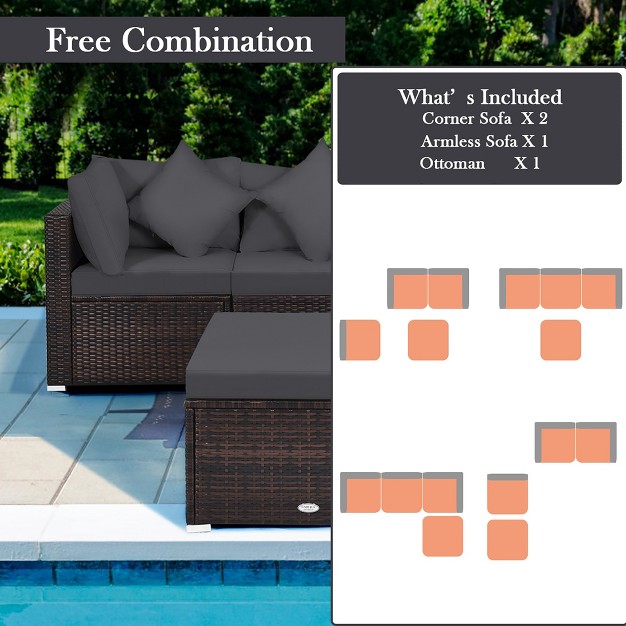 Costway 4pcs Patio Rattan Furniture Set Sofa Ottoman Cushion Garden Deck Grey